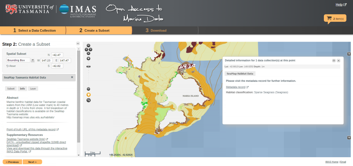 A map showing benthic habitat data for waters near Maria Island