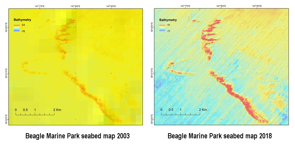 Two seabed maps showing advances in mapping resolution between 2003 and 2018