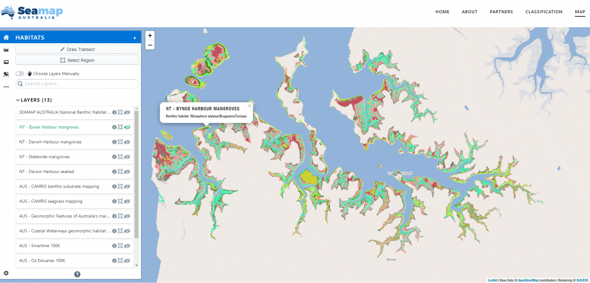 A Seamap image depicting Bynoe Harbour mangrove habitat
