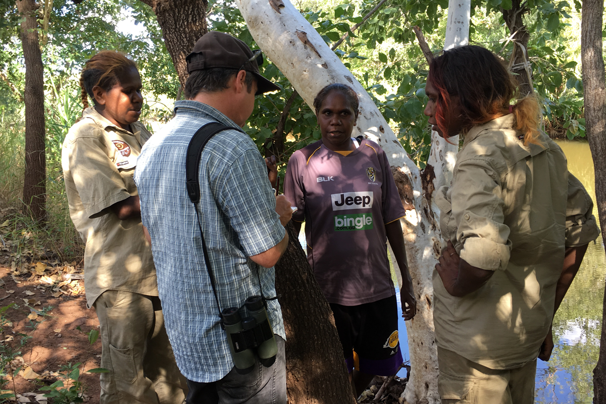 A scientist talks to Indigenous community members about sawfish