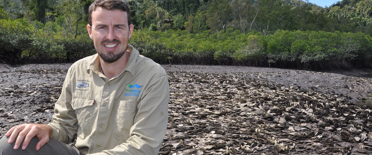 Project leader Ian McLeod at an oyster reef in Hinchinbrook Channel, Qld