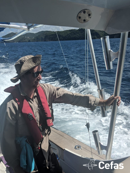 Jacquomo Monk on a survey vessel at St Lucia