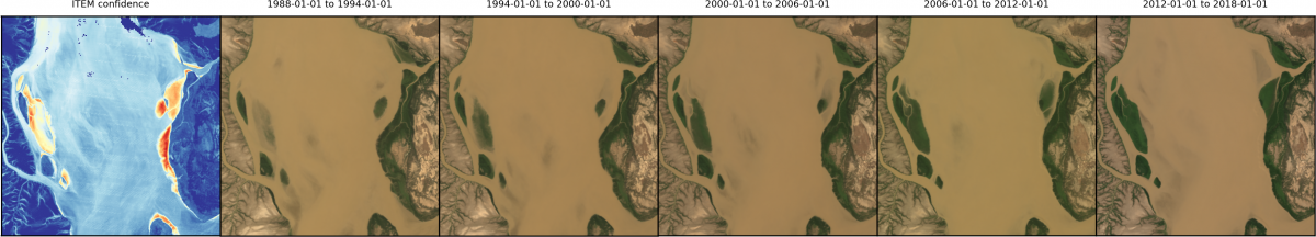 A series of satellite images showing change in mangrove habitat along the Keep River estuary, NT