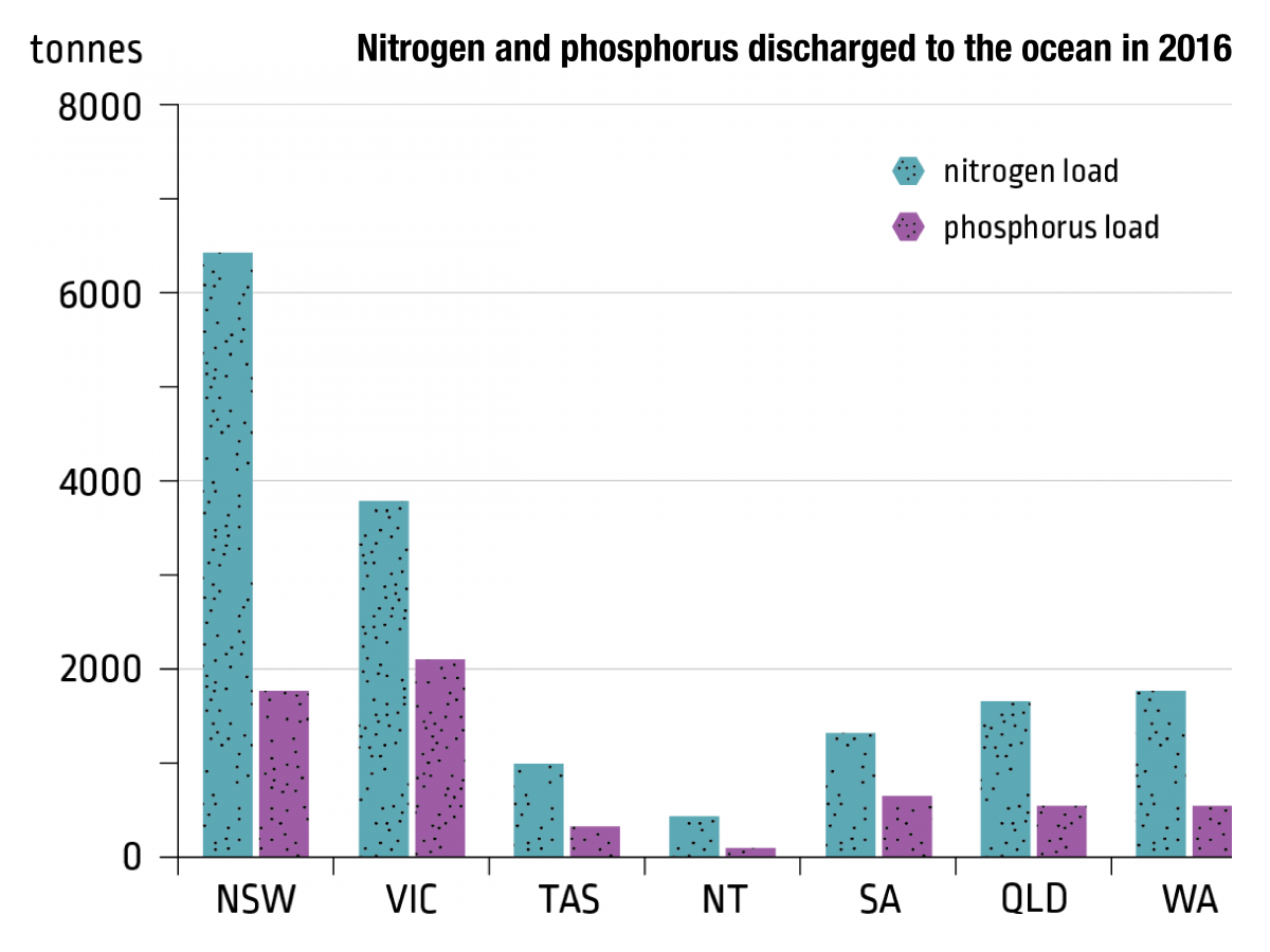 A chart depicting the nitrogen and phosphorus discharged to the ocean by state in 2016