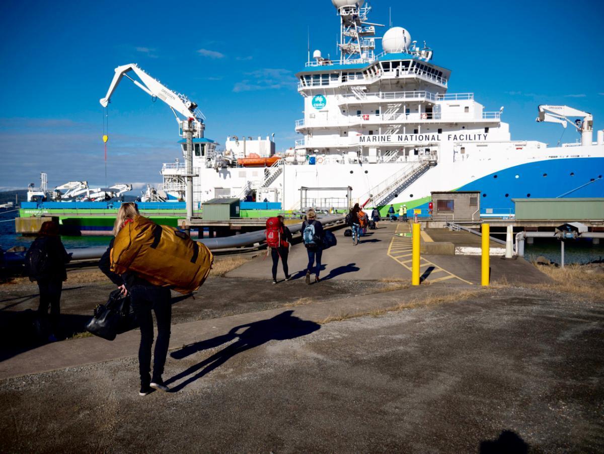 Scientists walk towards the RV Investigator