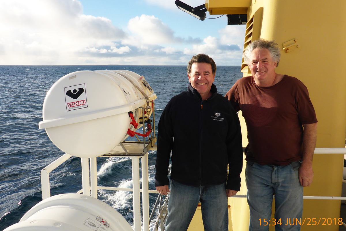 Scientists Scott Nichol and Neville Barrett on the TV Bluefin during mapping of the Beagle Marine Park