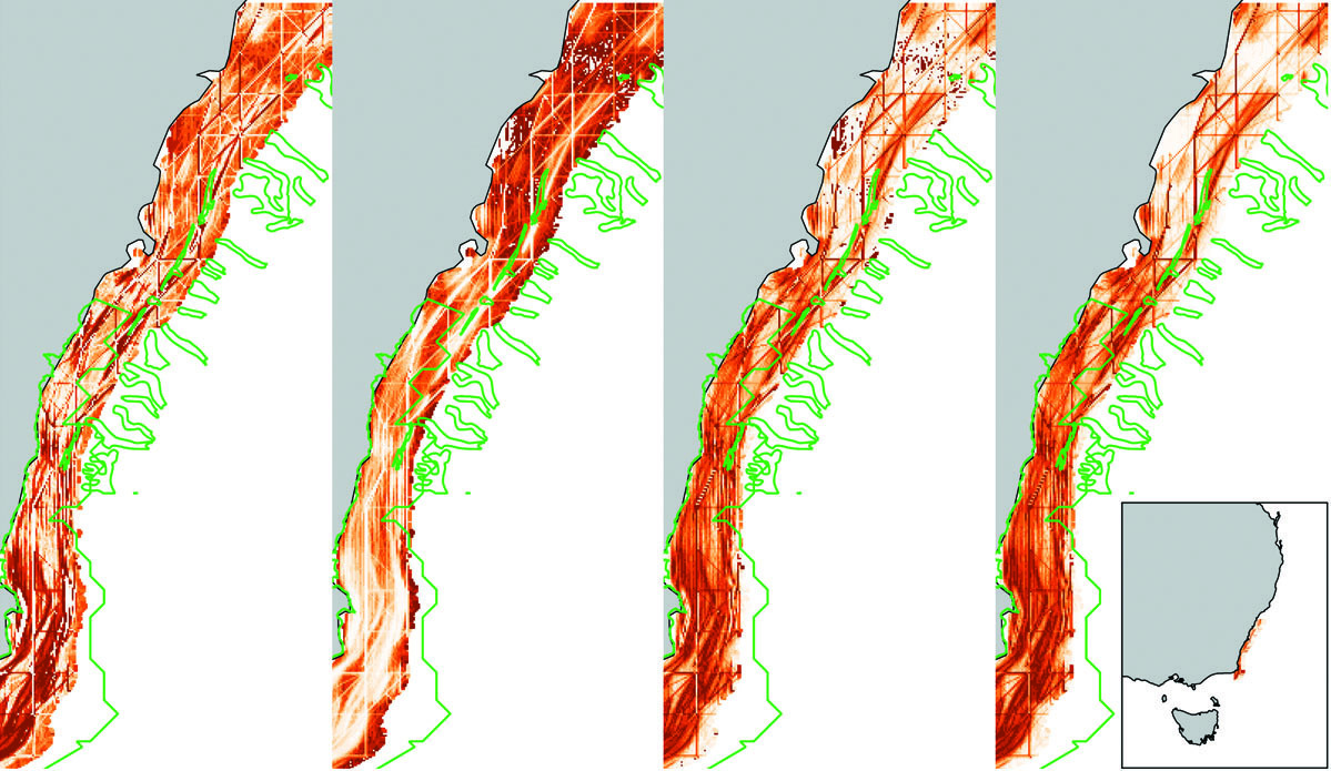 A map showing he cumulative effects off trawling off eastern Australia