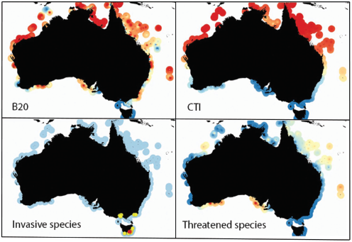 Maps showing the distribution of values of indicators of reef biodiversity in relation to fishing pressure, ocean warming, invasive species, and threatened species,