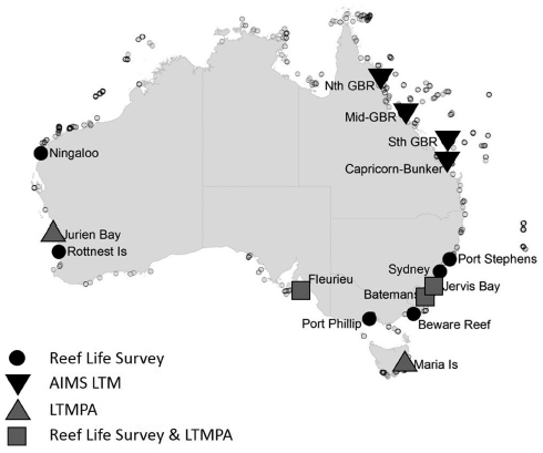 A map of Australia showing the location of survey and monitoring sites for shallow reef marine biodiversity.