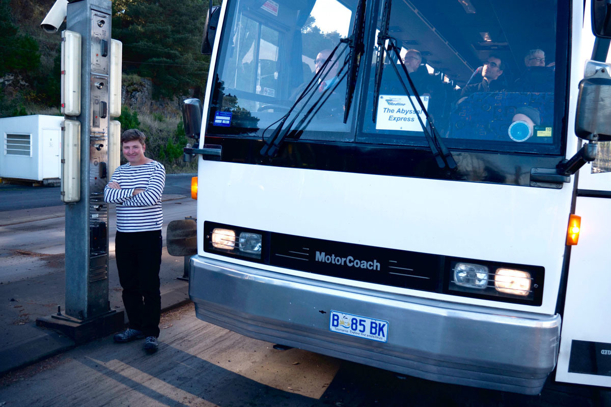 Voyage leader Tim O'Hara with the science team on the bus 