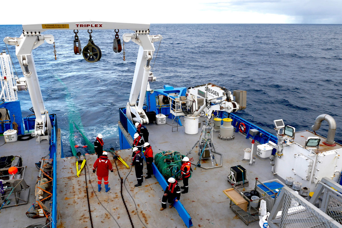 The beam trawl being deployed from the RV Investigator.